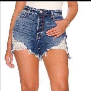 Good American Bombshell Denim Cut Off Frayed Raw Hem Shorts | Blue | 25/0